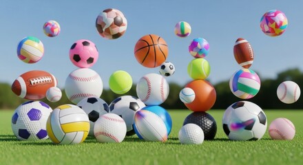 Diverse assortment of sport balls elegantly poised in an eye-catching arrangement