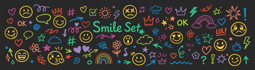 Smile emoji doodle faces and expressions, colorful happy cartoon characters and icons cheerful playful pattern vector illustration © Виталий Опришко