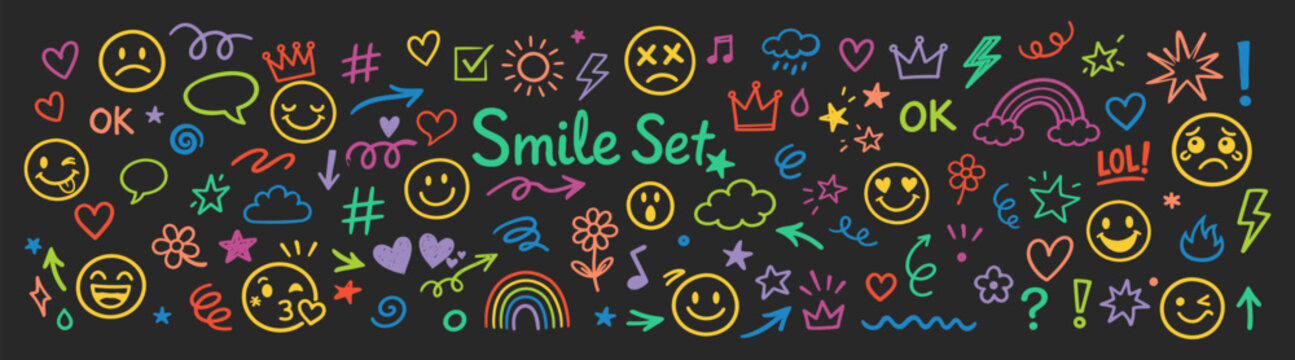 Smile emoji doodle faces and expressions, colorful happy cartoon characters and icons cheerful playful pattern vector illustration