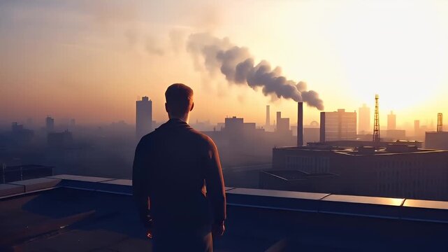 Air pollution. Environment conservation. Industry. A man with a beard and short hair stands against a cityscape during sunset. The sky is painted in warm hues of orange and yellow.