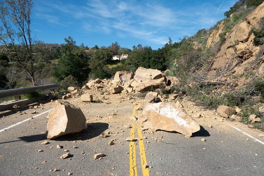Rock slide boulders blocking Santa Susana Pass Road in the San Fernando Valley area  of Los Angeles California.  