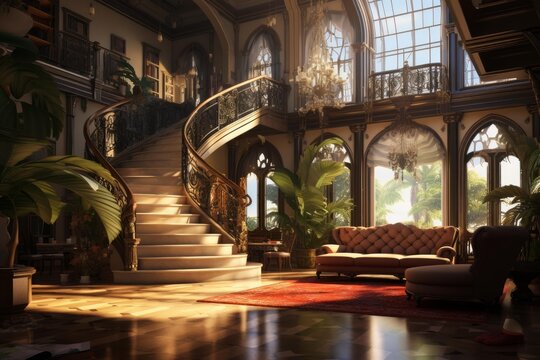 Elegant mansion foyer featuring a curving staircase, ornate railings, and plush seating