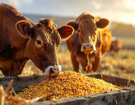 Pair of farm animals with corn feed rustic livestock scene natural food countryside agriculture photo