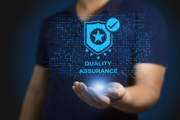 Businessman shows signs of quality assurance, guarantee, ISO certification, standardization...