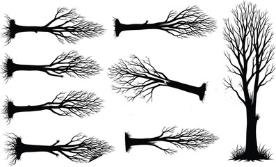 Obraz premium Black dead tree silhouettes with fallen trunks and bare branches for nature landscape design cad drawing flat vector illustration icons
