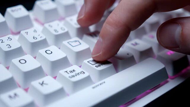 Close Up Hands Typing Tax Key On Backlit White Keyboard With Rgb Glow, Focused Remote Worker Filing Return Using Dedicated Key, Precise Finger Press, Soft Studio Lighting, Modern Office