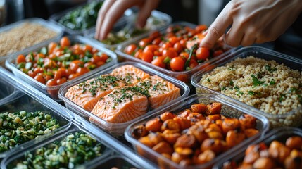 Obraz premium Freshly Prepared Ingredients for Healthy Meal Prep with Salmon, Colorful Vegetables, and Healthy Grains on a Kitchen Counter