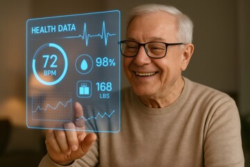 Senior man smiling, interacting with a futuristic holographic screen displaying vital health data, embracing digital health technology