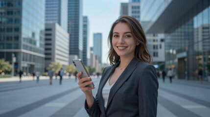 Fototapeta premium Smile woman using holding phone in hand, standing outdoor with city building background
