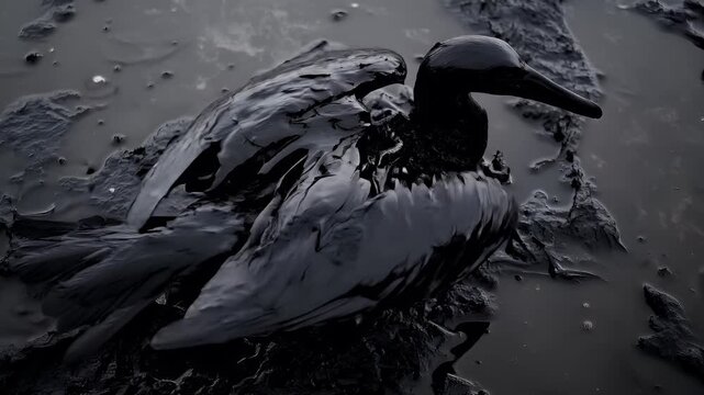 Oil spill. Environment ecosystem pollution disaster. A closeup of a black bird, possibly a cormorant, covered in a thick layer of mud or oil. The birds feathers are glossy and wet.