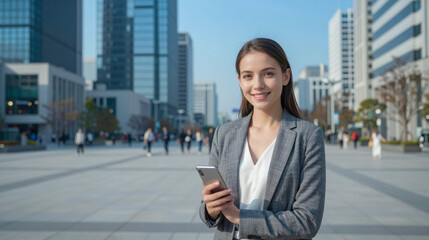 Fototapeta premium Smile woman using holding phone in hand, standing outdoor with city building background