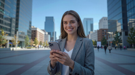Fototapeta premium Smile woman using holding phone in hand, standing outdoor with city building background