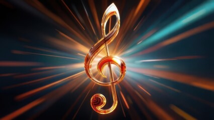 Golden treble clef exploding with vibrant light rays