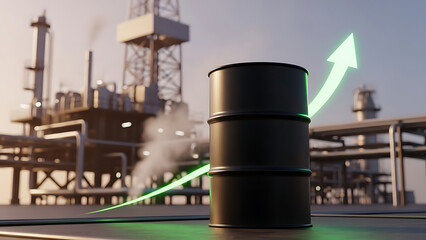 Oil barrel with green rising arrow growth chart in oil refinery background