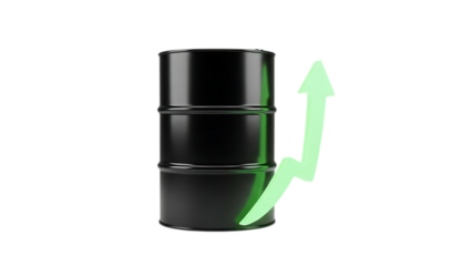 Oil barrel isolated on white background with green rising arrow