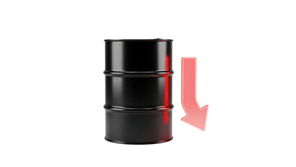 Oil barrel isolated on white background with red falling arrow