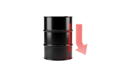 Oil barrel isolated on white background with red falling arrow