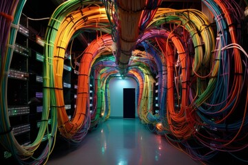 Colorful network cables forming an arch in a modern data center with server racks