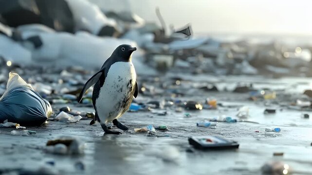 A closeup of a penguin standing on a beach littered with trash. The penguin is black and white with a hint of gray on its wings and body. The beach is littered with various items.