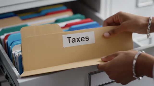 Organized Taxes Folder Being Pulled From Filing Cabinet Drawer, Office Clerk Retrieving Labeled File With Neat Colored Tabs, CloseUp Of Hand Gripping Folder Showing Administrative Order,