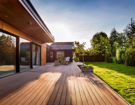 modern bungalow with wooden deck and lush garden in bright sunlight