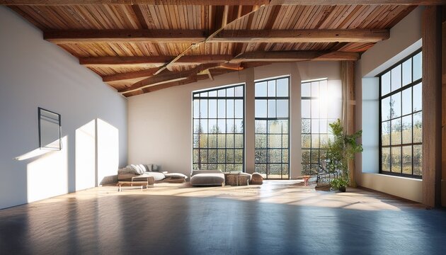 modern loft interior with exposed wood beams and bright sunlight