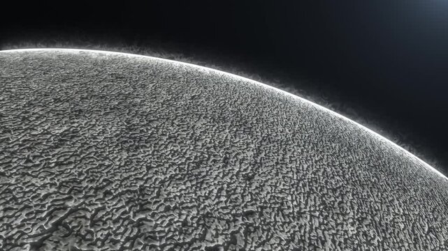 Close-up view of a frozen alien planet horizon with cracked surface texture and glowing rim light, creating a dramatic sci-fi atmosphere for cosmic intros and space visuals.