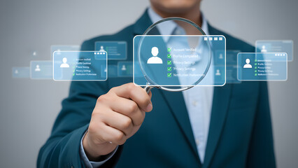 Businessman analyzing user profile data with magnifying glass