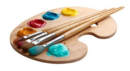 Fototapeta na wymiar Wooden palette with colorful blobs of paint and a variety of paintbrushes ready to create art