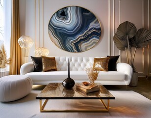 elegant living room featuring a white sofa adorned with decorative pillows a stylish chair and a sparkling agate backdrop perfect for interior design showcases home daccor inspiration