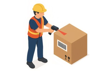 Worker in hard hat scanning a barcode on a cardboard box. Logistics and inventory management concept