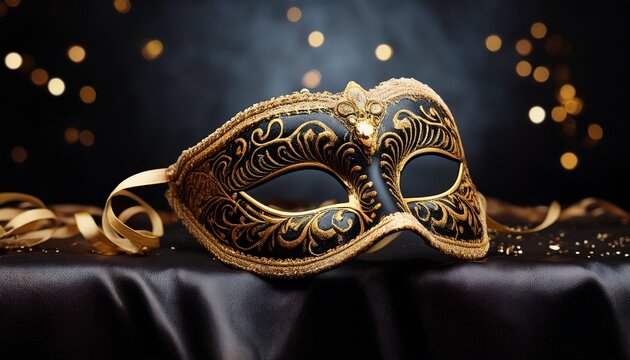 elegant black and gold masquerade ball mask on dark background