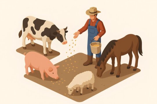 Rancher caring for his farm animals, providing daily feed to a cow, pig, horse, and sheep on the rural ranch