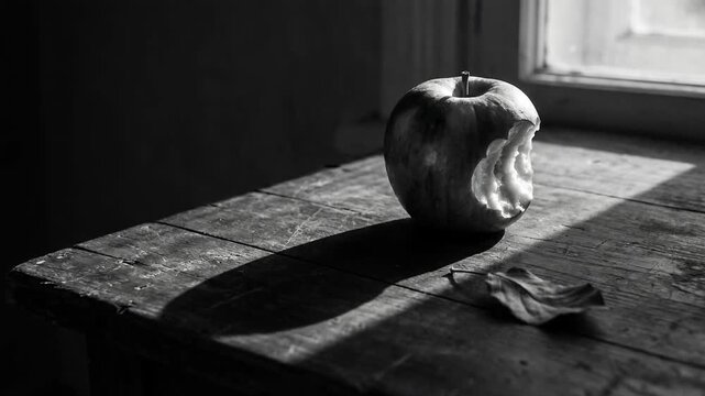 Bitten apple on wooden table near window casting long shadow with natural light creating emotional still life black and white scene