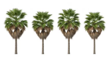 Four isolated fan palm trees in a straight line  isolated on transparent background