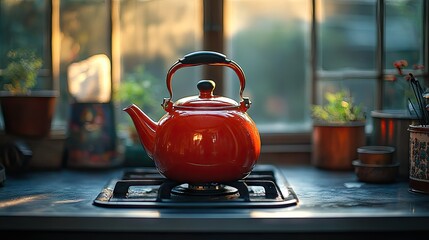 Bright Red Teapot on Stove Surrounded by Green Plants with Sunlight Streaming Through Window in Cozy Kitchen Setting