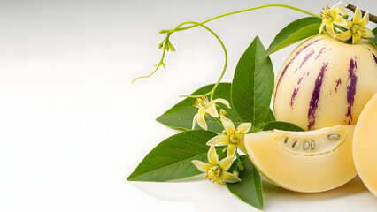 Pepino melon fruit with purple stripes and yellow blossoms on white background with green leaves