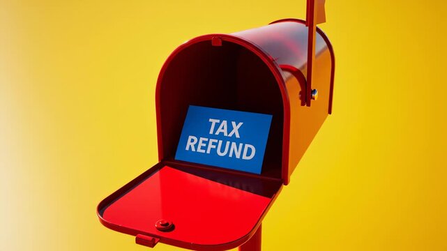 Lonely Mailbox Showing Tax Refund Paper On Sunlit Yellow Surface With Long Dramatic Shadow, Minimal Composition Highlights Small Red Postbox On Pole, Cinematic Lighting And Strong Contrast