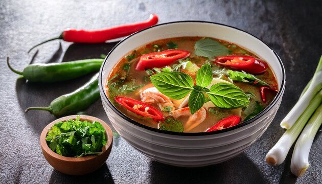 spicy asian soup with fresh herbs and chili peppers in bowl