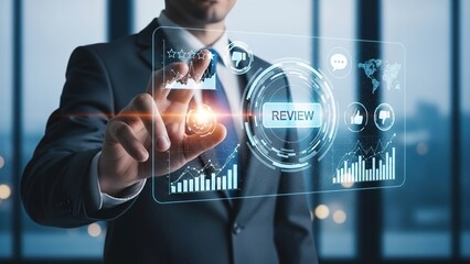 Businessman interacting with a futuristic review interface showcasing customer feedback and global data analytics in a modern office setting with transparent digital graphics.