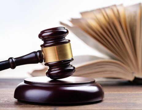 legal authority and justice gavel atop sounding block with open law book in background symbolizes legal process and importance of judicial proceedings