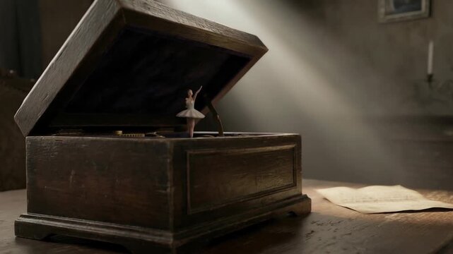 Emotional light beams shining on vintage wooden music box with ballerina figure and sheet music on rustic table illuminated by soft light