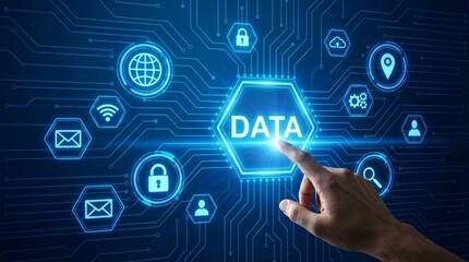 Hand interacting with glowing data icons on futuristic circuit board background