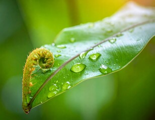 Dewy fern frond unfurls upon a vibrant leaf, gleaming in soft sunlight, surrounded by blurry greenery