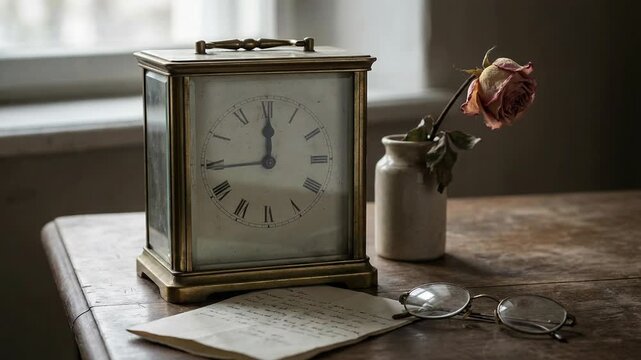 Emotional vintage clock showing midnight near dried rose in ceramic vase old glasses handwritten letter on rustic wooden table by window light