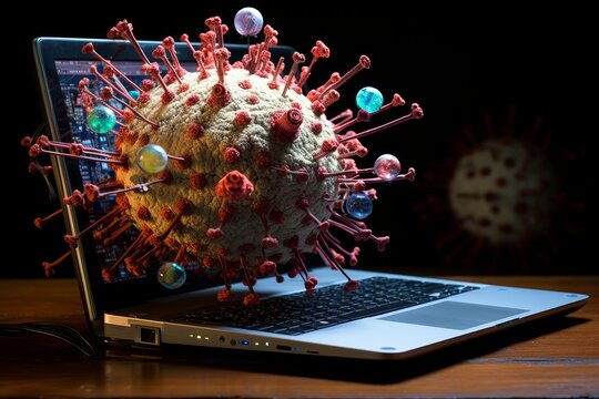 Digital virus, resembling a biological pathogen, threatening cybersecurity and technology - Powered by Adobe