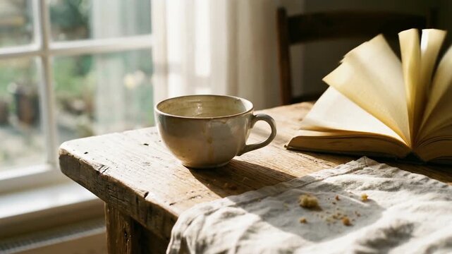 Emotional warm cup on rustic wooden table near window with open book and sunlight creating peaceful still life scene atmosphere