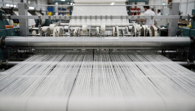 Focused medium shot highlighting direct warping technique as yarns are uniformly tensioned and arranged on beams emphasizing efficient fabric production.