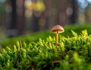 Mushroom sprouts in bright green moss, bokeh of autumnal forest in soft background