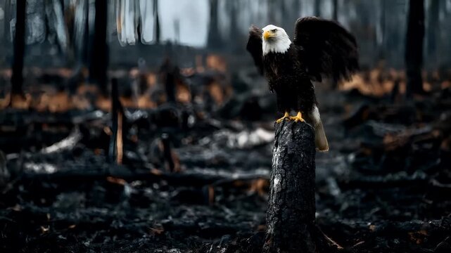 Natural disaster. Devastating loss aftermath scene. A bald eagle perched atop a tree stump in a forested area. The eagles feathers are a mix of brown and white, with a yellow beak and talons.